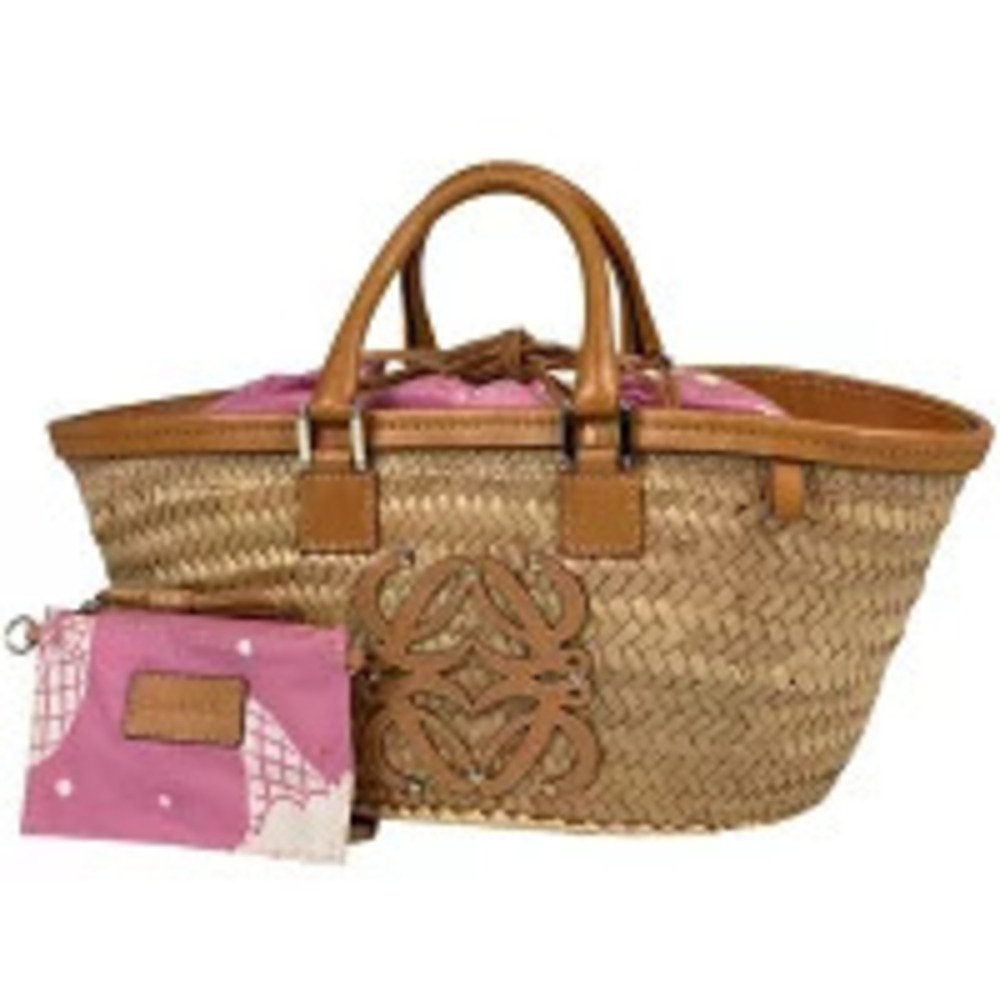 Loewe Basket Bag Straw Tan Anagram Tote Palm Leaf Handbag Leather Beige Pink